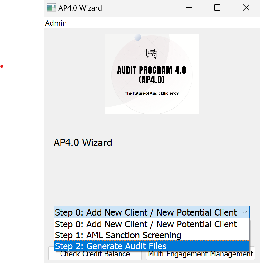 AP4.0 Selecting Step 2: Generate Audit Files from Main Menu