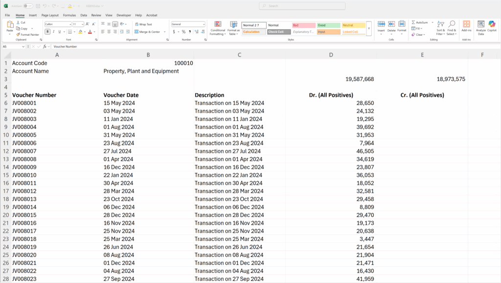 AP4.0 Sample Ledger Excel File Mapping Cell Reference where Voucher Number, Voucher Date, Description, Debit and Credit are